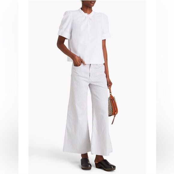 Frame Denim Denim - FRAME Le Palazzo Crop High-Rise Striped Wide-Leg  Womens Jean White Blue Raw 29